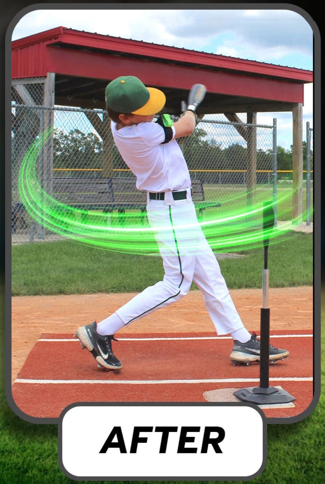 baseball player swinging a bat with a green energy effect showing a good bat path labeled 'AFTER'.