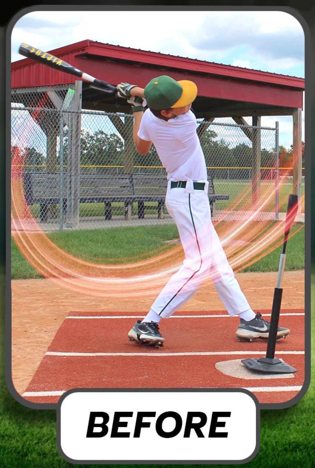 Baseball player swinging a bat with a red effect showing a poor bat path with a 'BEFORE' label