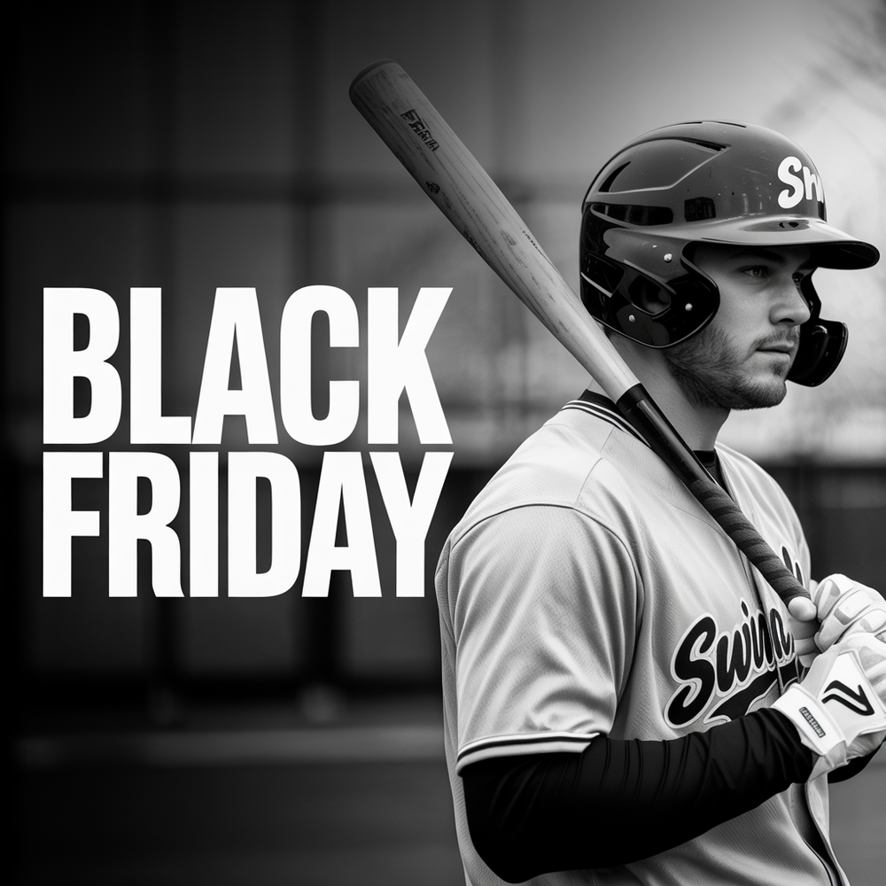 Baseball player holding a bat with 'Black Friday' text overlay