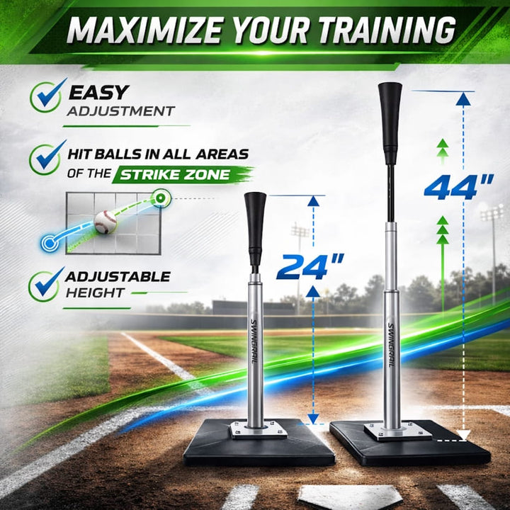 Baseball training device with adjustable height on a baseball field background, emphasizing ease of use and hitting range.