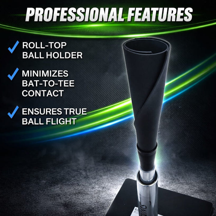 batting tee with Roll-top ball holder with professional features highlighted on a dark background, emphasizes the tee's true ball flight and minimal bat-to-tee contact
