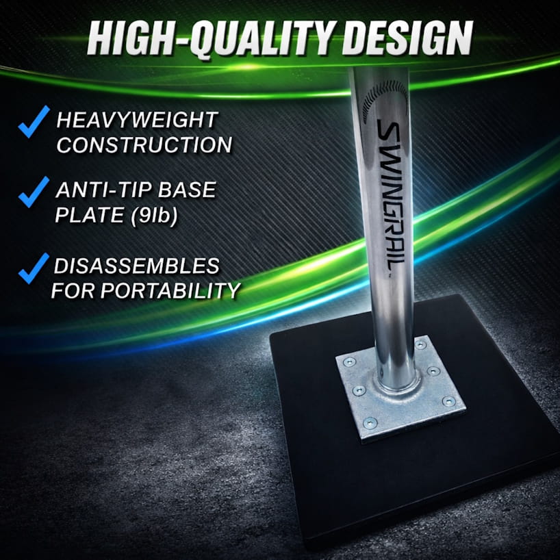 Baseball batting tee with solid construction, anti-tip base plate, tee disassembly feature and Swingrail branding on a dark background.