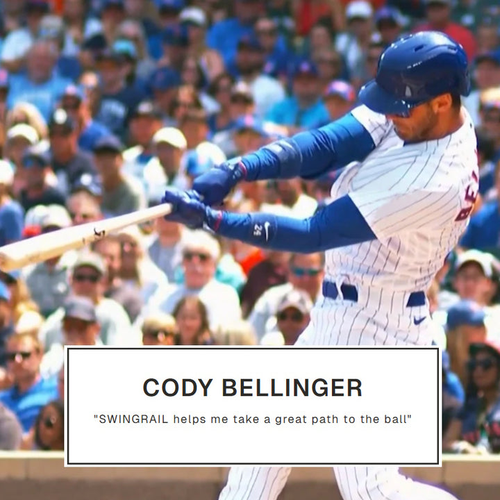 professional Baseball player swinging a bat with a crowd in the background, featuring Cody Bellinger's endorsement.