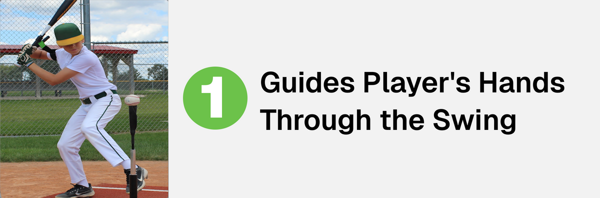 swingrail swing trainer, phase #1 guides player's hands through the swing;  demonstrated by youth male baseball player