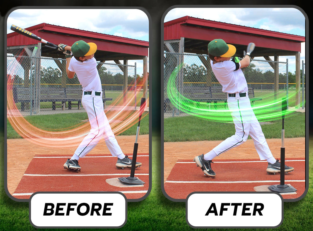 photo showing young boy baseball player swinging a bat in 2 photos, 1 photo shows a before swing and 1 photo shows a swing after using swingail swing trainer, the after swing shows much better swing mechanics and bat path to the ball