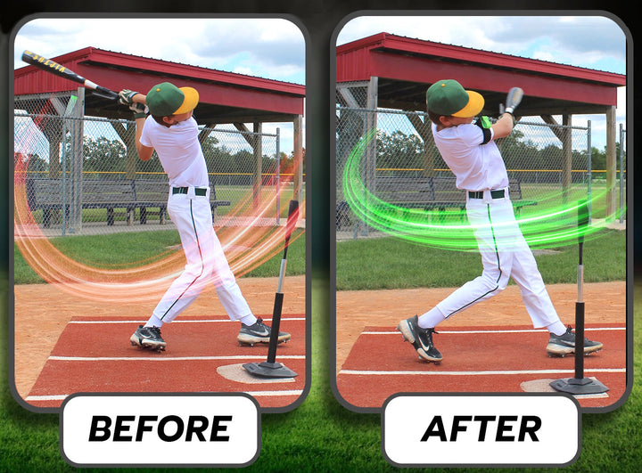 photo showing young boy baseball player swinging a bat in 2 photos, 1 photo shows a before swing and 1 photo shows a swing after using swingail swing trainer, the after swing shows much better swing mechanics and bat path to the ball