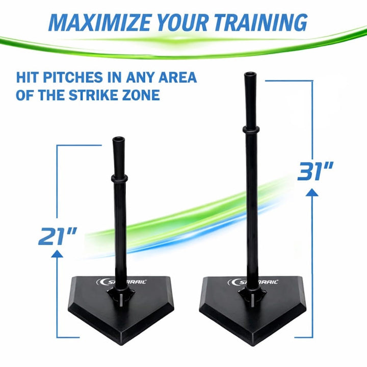 baseball batting tee that is adjustable from 21" to 31" inches in height allowing the player to practice hitting pitches in any area of the strike zone
