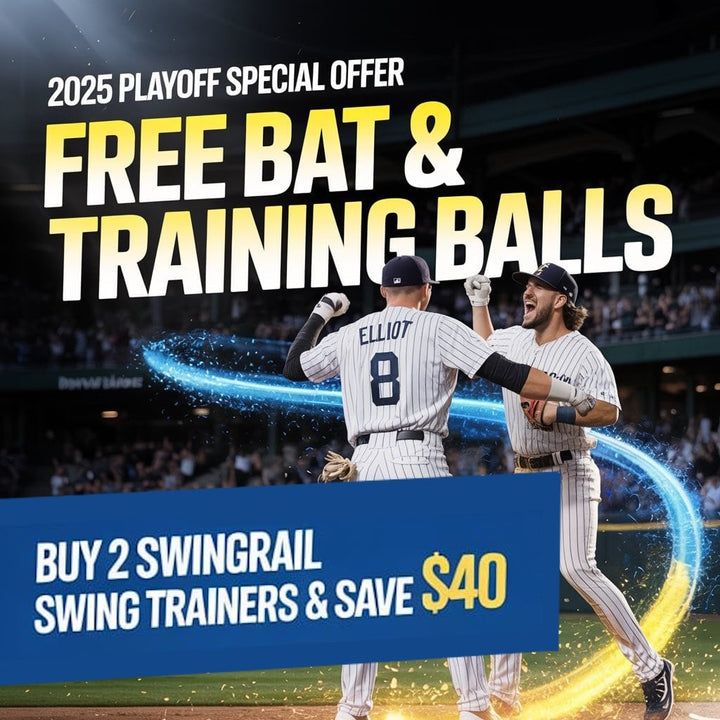 two baseball players celebrating and text that announces a 2025 playoff special offer for free bat and training balls when you buy 2 swingrail swing trainers; a $40 savings