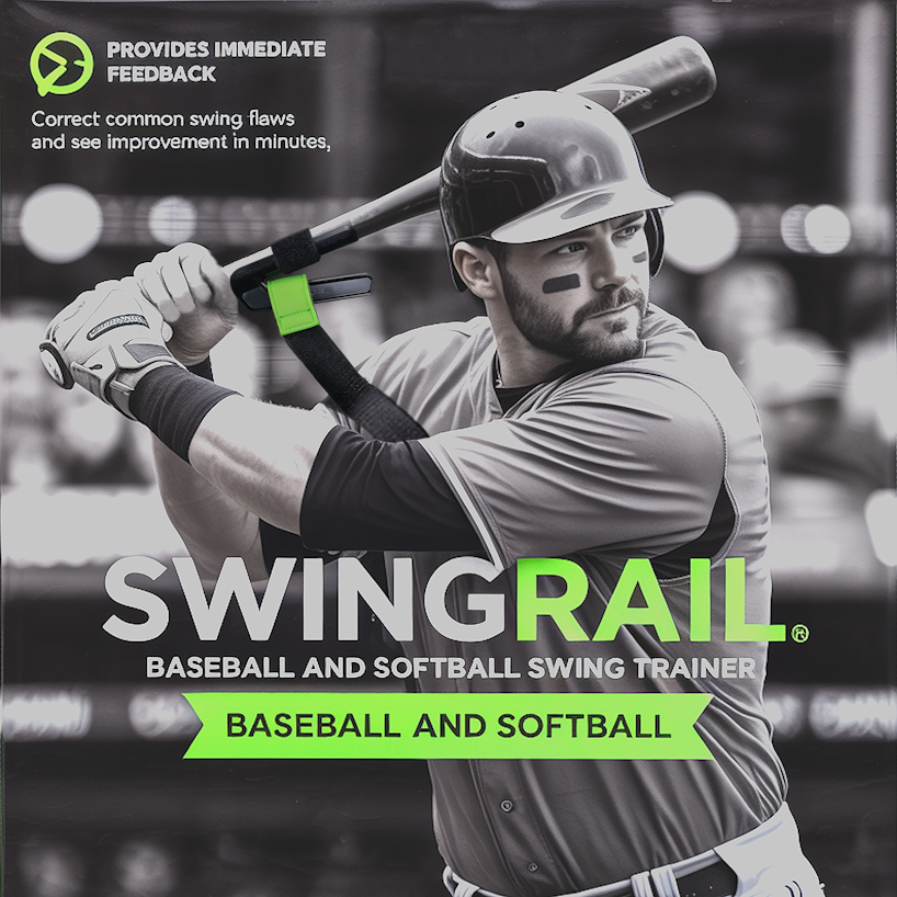 Baseball player with a bat, promotional image for SwingRail swing trainer product.