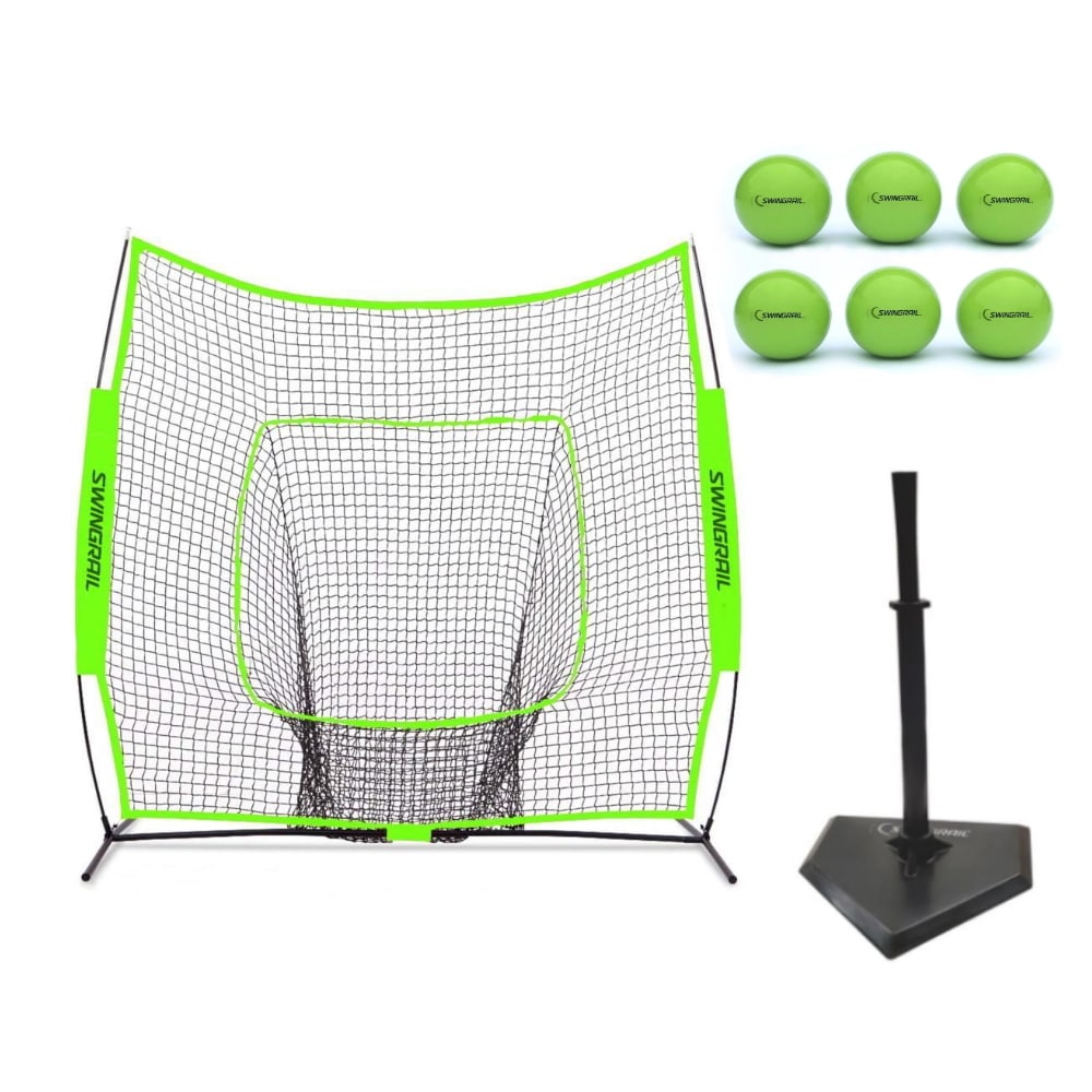 swingrail bat speed package includes swing trainer hitting net rubber tee and six weighted balls