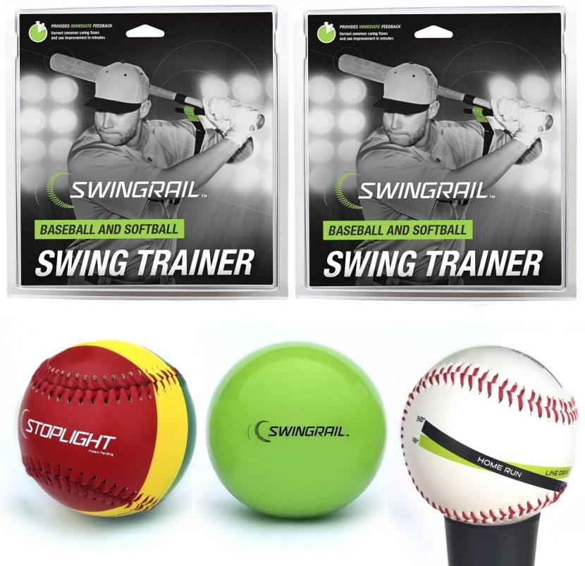two swingrail trainers shown and 1 stoplight ball, 1 weighted ball, and 1 launch angle ball.