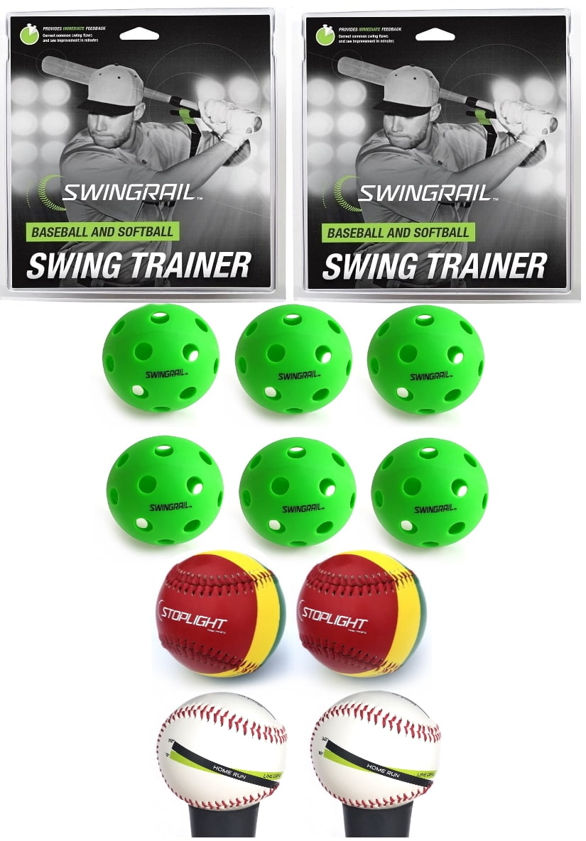 bundle include swingrails, plastic training balls, stoplight throwing balls, launch angle tee training balls