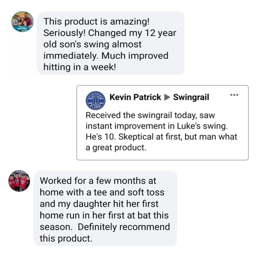 Customer quotes: This product is amazing! Seriously! Changed my 12 year old son's swing almost immediately. Much improved hitting in a week! Received the swingrail today, saw instant improvement in Luke's swing. He's 10. Skeptical at first, but man what a great product. Worked for a few months at home with a tee and soft toss and my daughter hit her first home run in her first at bat this season. Definitely recommend this product.