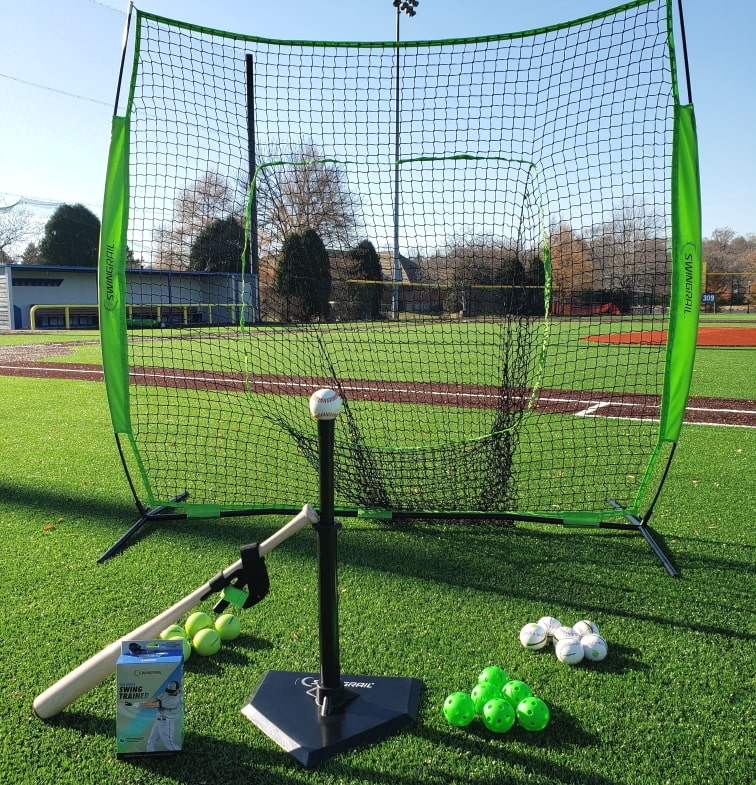 video showing swingrail swing trainer and various training baseballs along with a hitting net and batting tee